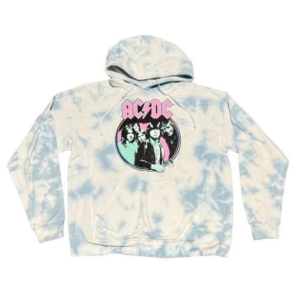 AC/DC TIE DYE HOODIE SIZE L WHITE BLUE FLEECE ROCK N ROLL MENS - Picture 1 of 4